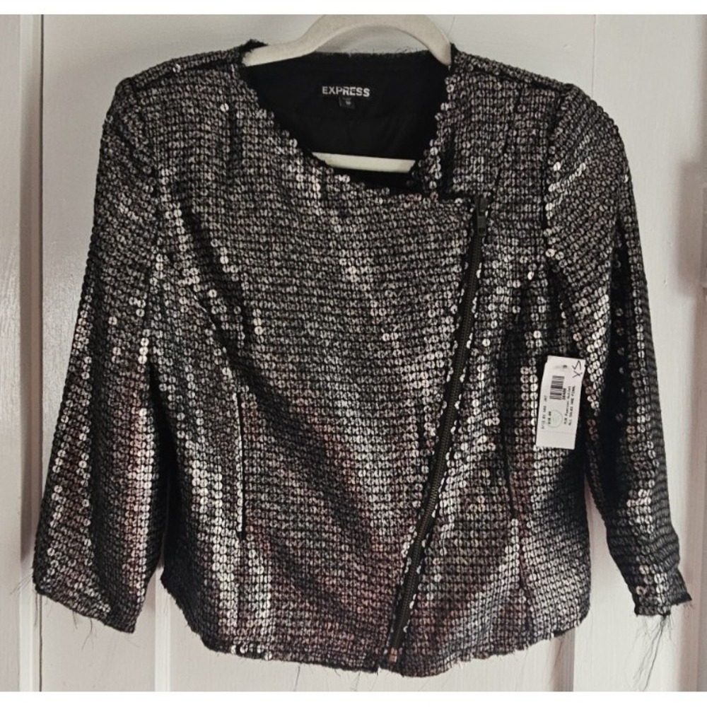 NWT EXPRESS metallic pewter sequin moto jacket asymmetrical zipper raw hem XS